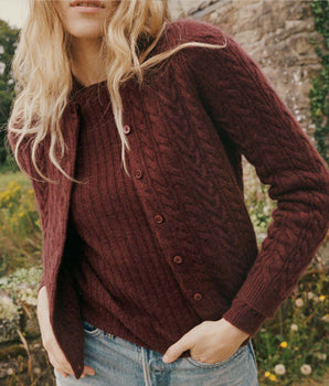 DANAE CABLE CASHMERE CARDIGAN -- DARK GARNET