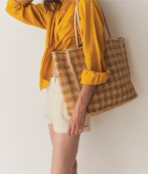 GRANDE MATHILDE BAG -- MUSTARD GINGHAM RAFFIA