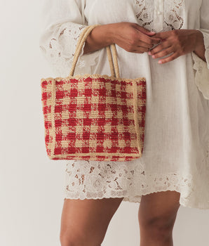 PETITE MATHILDE BAG -- RED GINGHAM RAFFIA